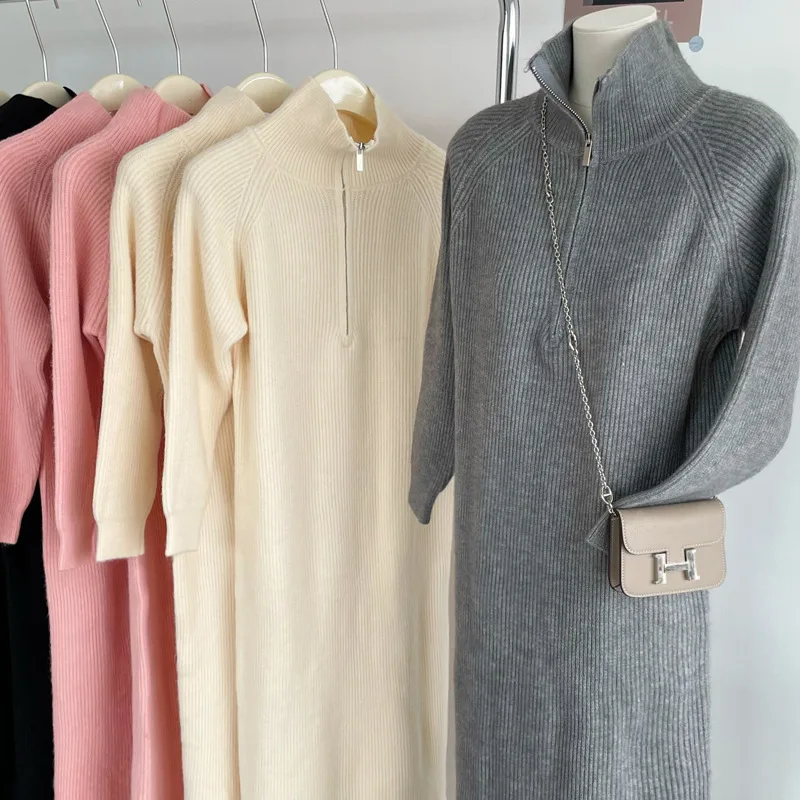 Korean Fashion Thick Knit Mid-calf Dress Woman Solid Color Zipper Turn Down Collar Long Sleeve Loose Dresses Women