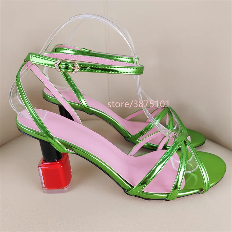 

Summer New Red Lip stick Heel Women's High Heel Sandals Ankle Wrap Strap Dress Sandals Green Patent Leather sandal