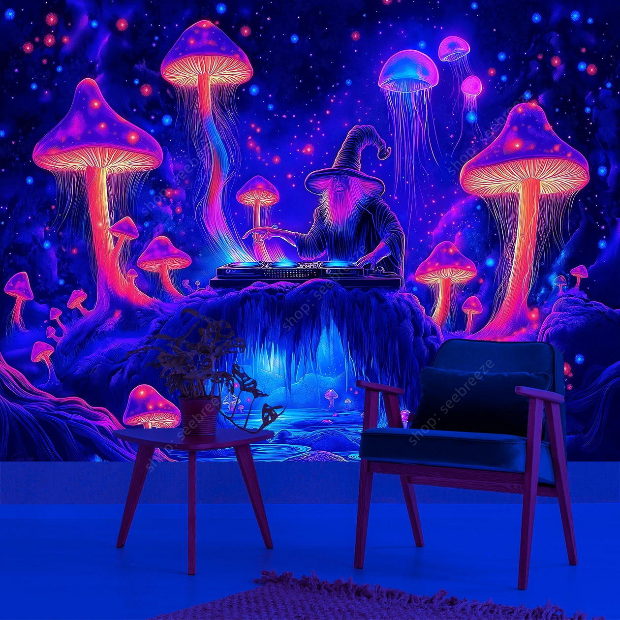 Magical Jellyfish DJ Wizard UV Reactive Tapestry Psychedelic Rave Wall Art for Bedroom Living Room Decor Fantasy Music  Design