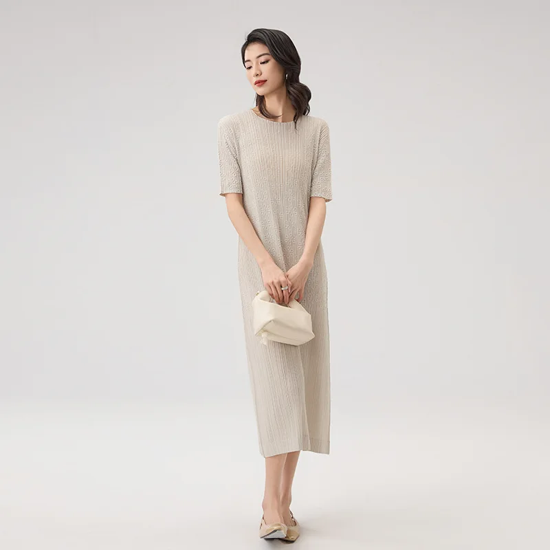 

Miyake Pleated Pop-up Dress 2025 Summer New Solid Color Round Neck Classic Medium-length Simple Slim Long Dresses