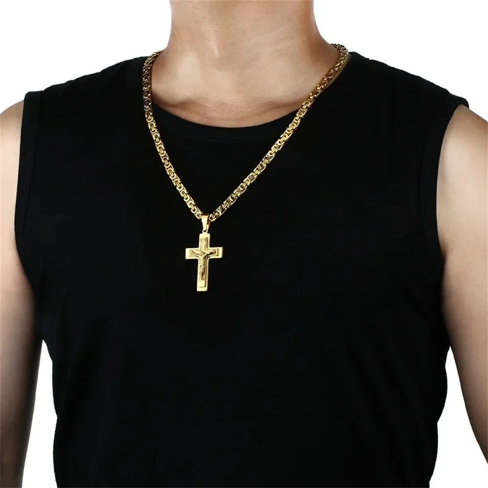 

Men's Necklace Big Jesus Cross Pendant & Chain Men Gold Color Stainless Steel Christian Crucifix Necklace Male Religious Jewelry