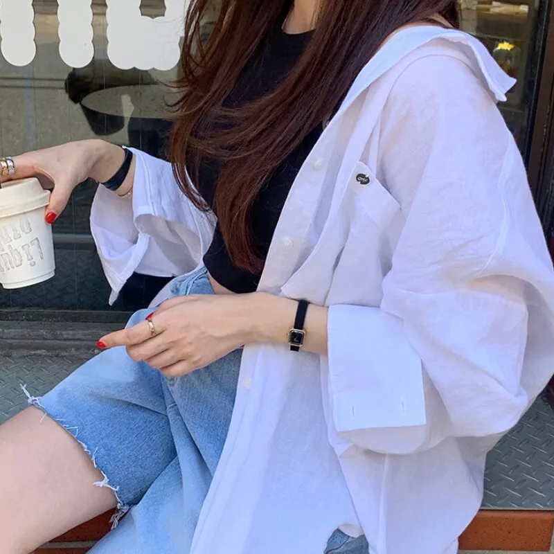 

Loose Long Sve Women's Cardigan Coat Straight Collar Single Button French Sle Cotton irt Daily Wear Easy to Match