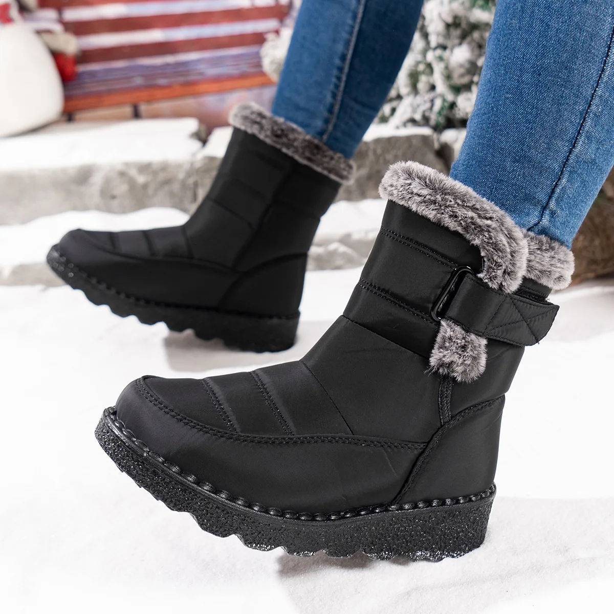 Damen-Winterstiefel bis zur Wadenmitte, wasserdicht, mit Kunstfell gefüttert, mit Klettverschluss, rutschfest, dicke Sohle, warme Outdoor-Stiefel für kaltes Wetter. – Detail 1