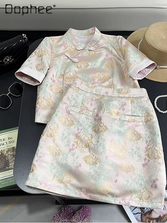 Premium Retro Flower Embroidered Skirt Sets Temperament Celebrity Stand-up Collar Short-sleeved Shirt High Waist Mini Skirt