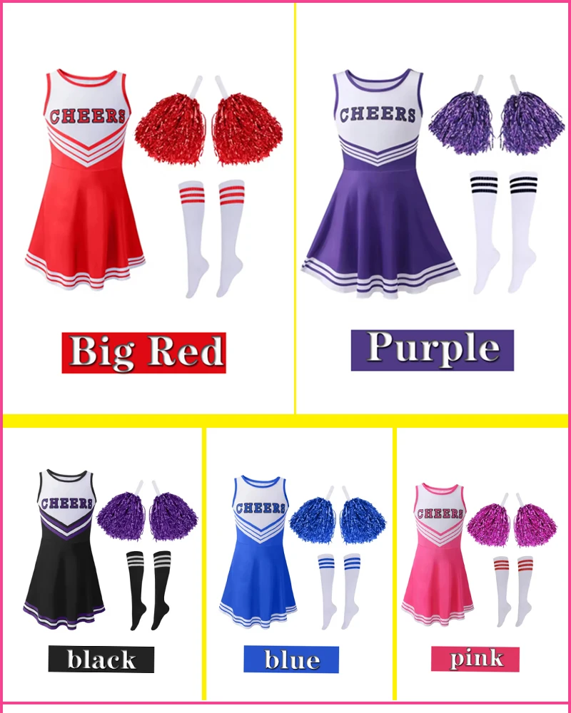 Uniforme da cheerleader per adulti, uniforme della squadra di calcio per bambini senza maniche a cinque colori, uniforme da spettacolo per bambini, calzini da donna