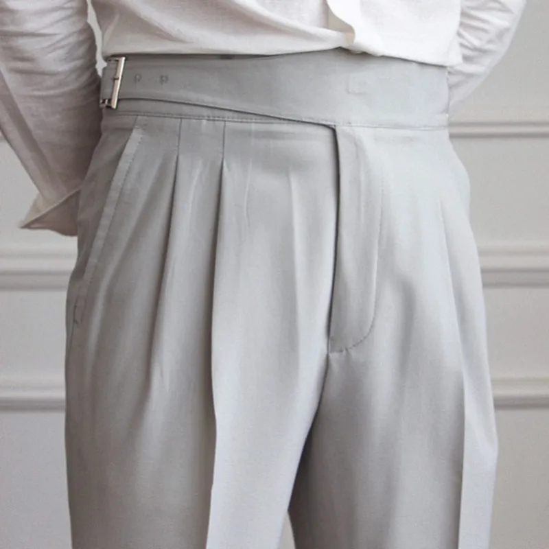 Fashion Gray Mens Dress Pant High Waist Straight Pants Men Spring Business Versatile Belt Trouser Gentleman Paris Button Pant