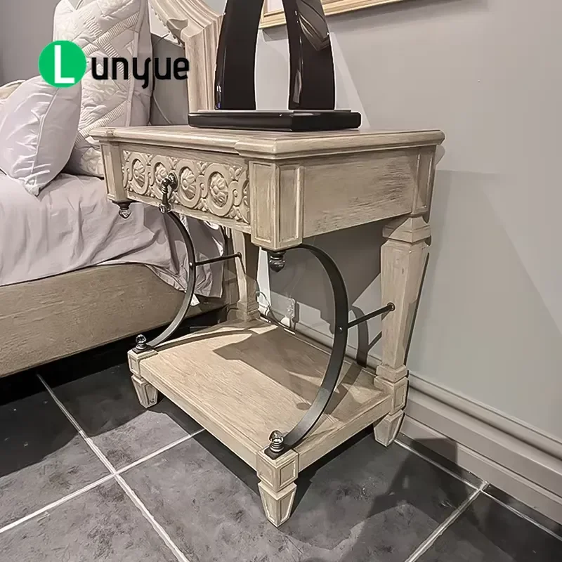 Luxury Carved Wooden Bedside Table French Provincial American Farmhouse Nightstand for Master Bedroom Suite Elegant Storage
