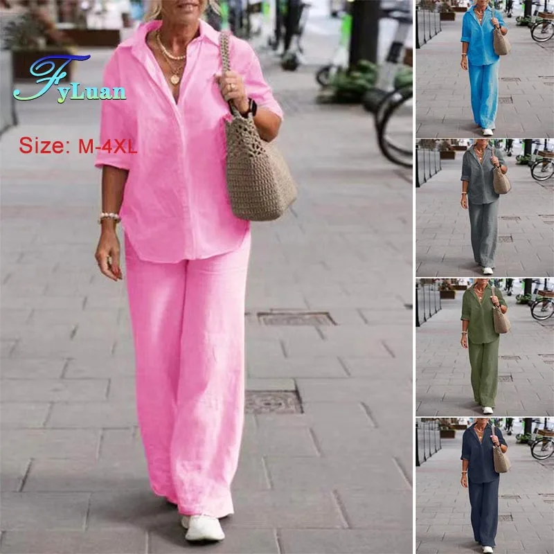 

Fashion Women Clothing Two-Piece Sets Turn Down Collar Long Sleeve Shirt Wide Legs Pants Sets Spring Autumn Casual Female Sets