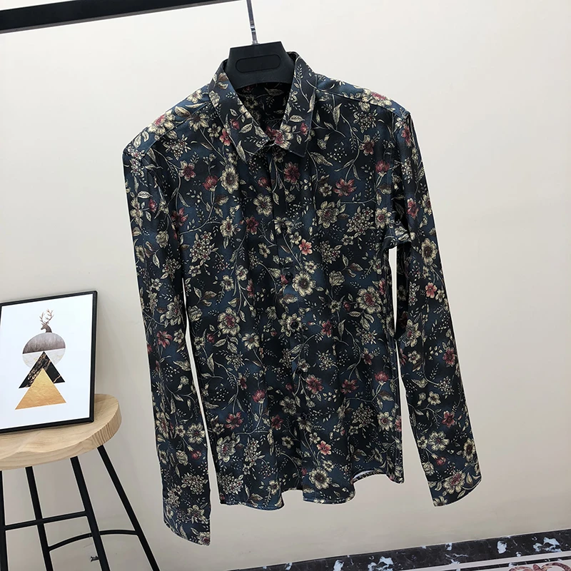 

2024 Men's Silk Semi-Formal Long Sleeve Shirts Perfect Fit Tops Wrinkle Free Printed Slim Fit Business Activities Blouses M17