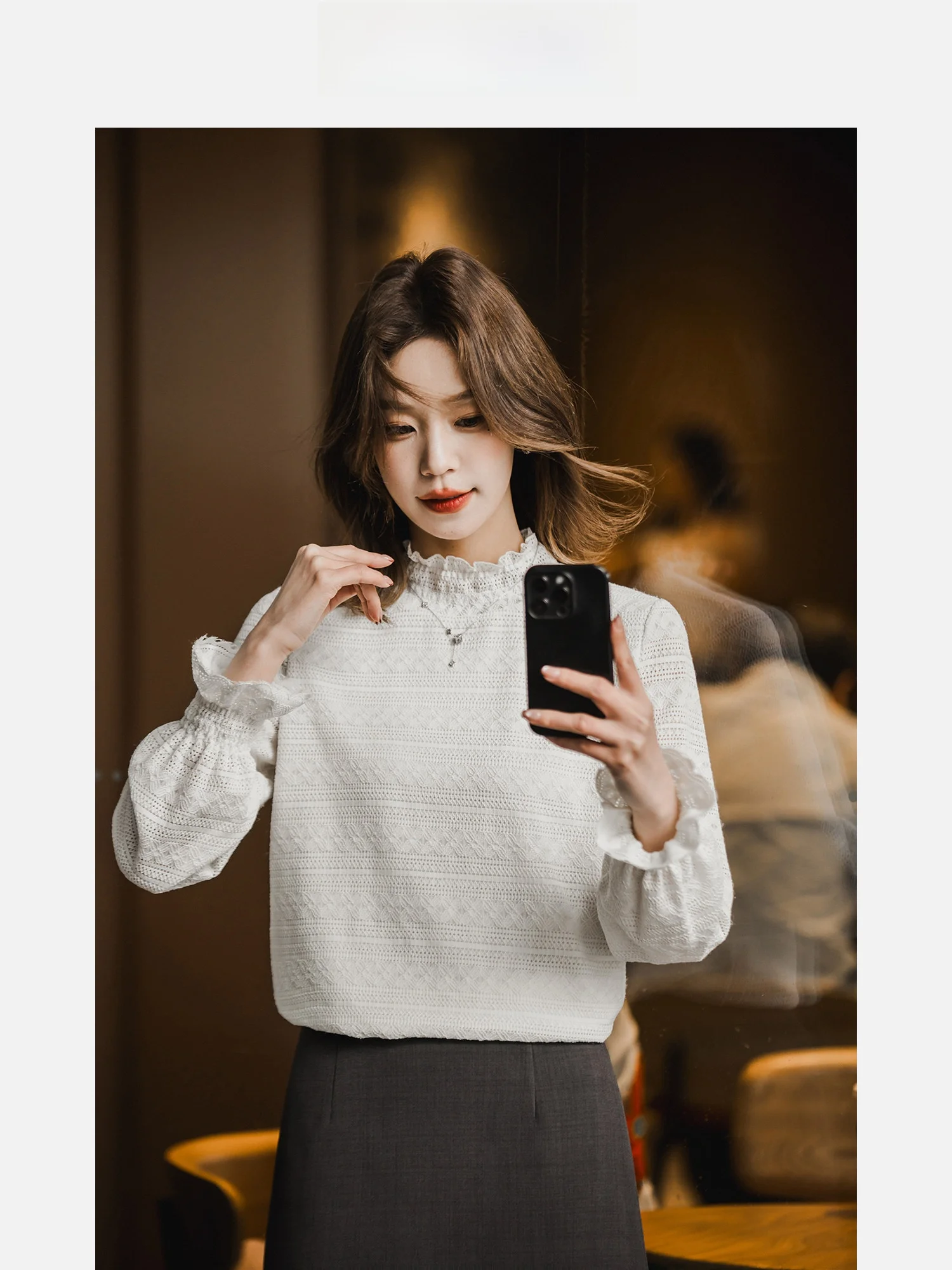 

High Elasticity Lace Shirt Women's Spring Summer New Style Short Top Wooden Collar Pullover Shirt Beige Color Nylon Fabric