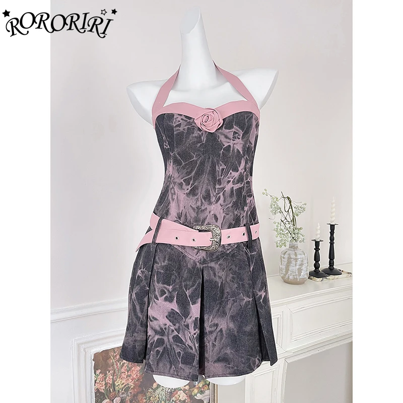 RORORIRI Women Pink Belted Denim Mini Dress Tie Dye Aesthetic Halter Patchwork Rose Corset Pleated One-piece Y2k Vintage Clothes