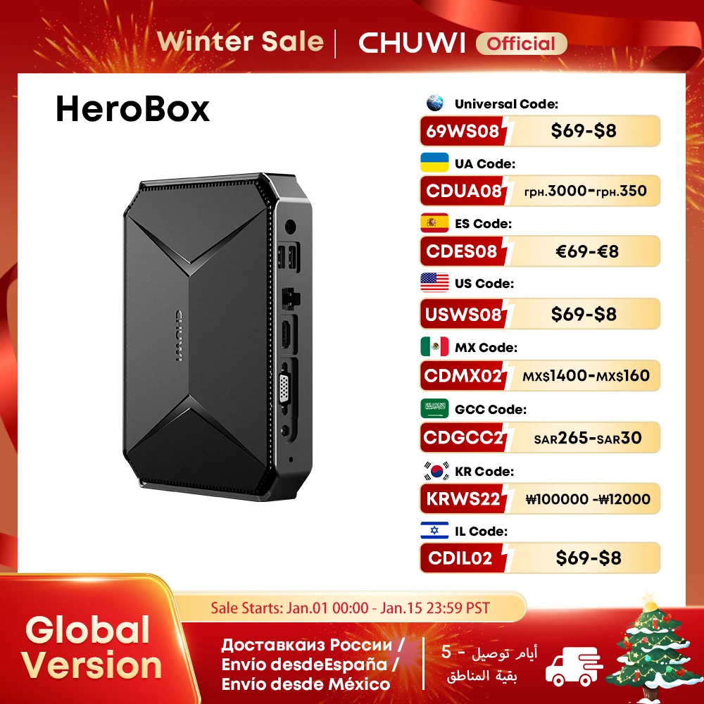 Mini PC CHUWI HeroBox Intel Celeron N100 Quad-core CPU Windows 11 OS 8GB LPDDR4 256GB SSD Dual Band Wifi Desktop Computer