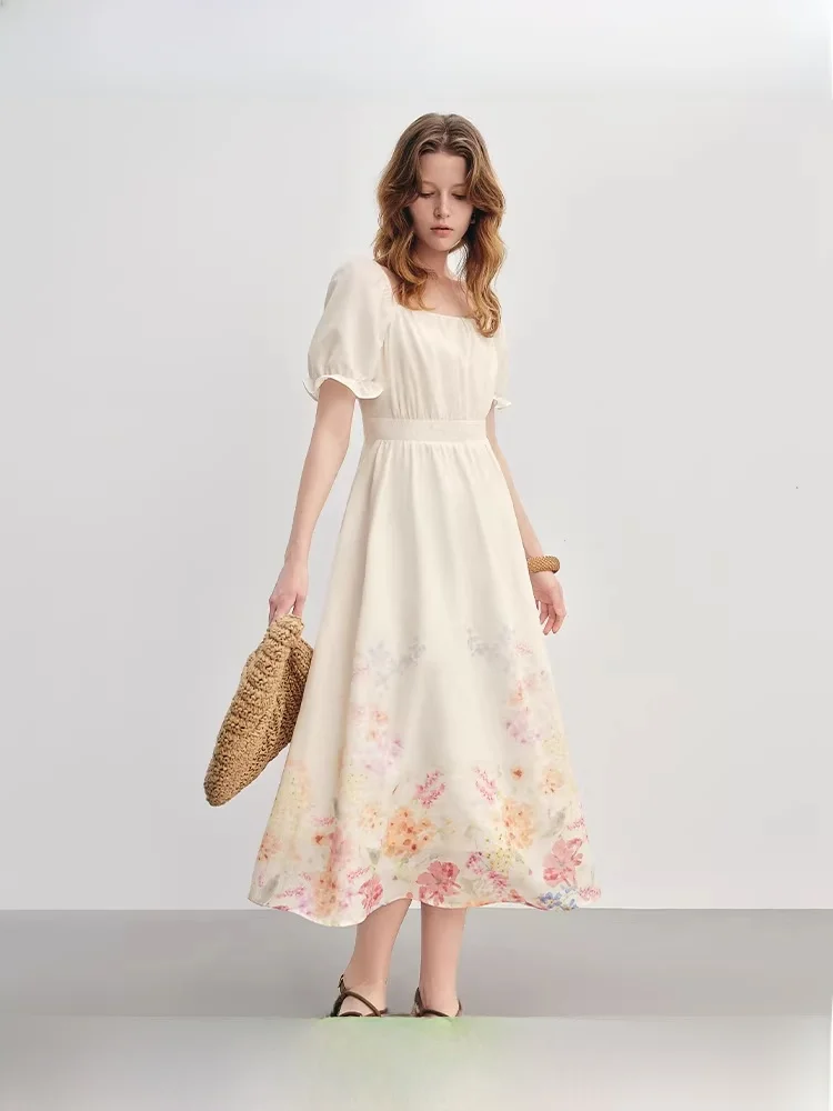 

Романтичная юбка А-силуэта средней длины с цветочным принтом, пышными рукавами-фонариками, высокой талией, больших размеров, летняя новинка