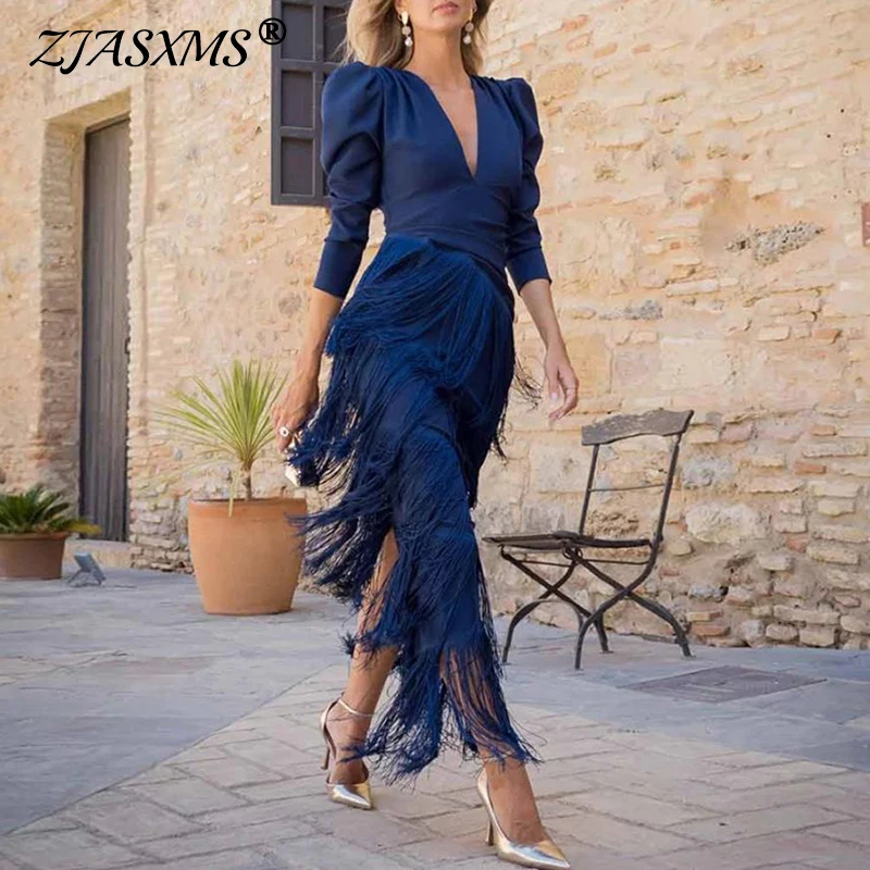 فساتين رسمية فرنسية أنيقة مقسمة بشرابة فساتين نسائية مثيرة بفتحة رقبة على شكل V عميقة فساتين سهرة ضيقة للخريف بأكمام طويلة فستان بوهو سادة