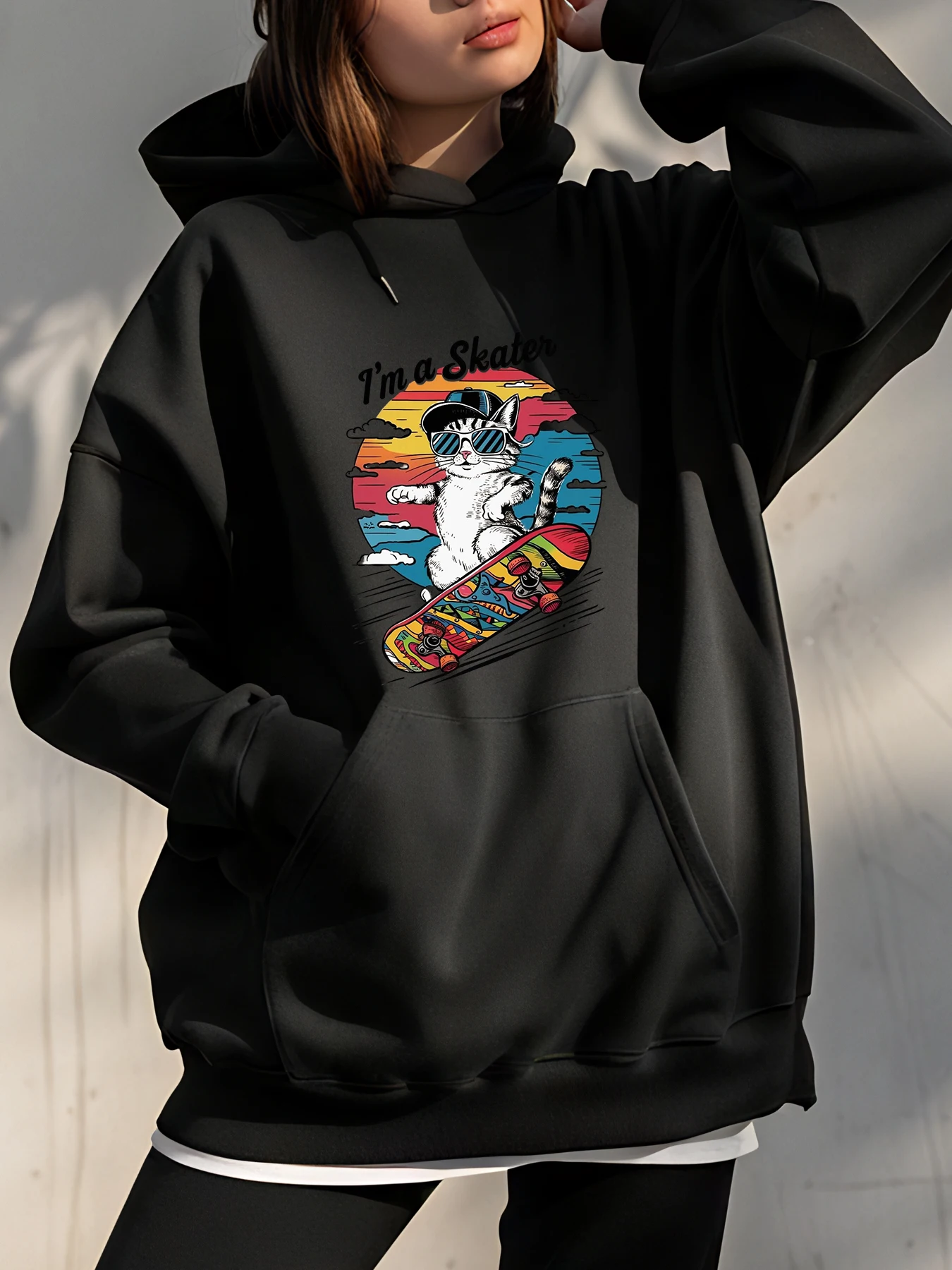 Hoodie Cat Skateboard Print Unisex Casual Streetwear Sweatshirt for Youth and Adults