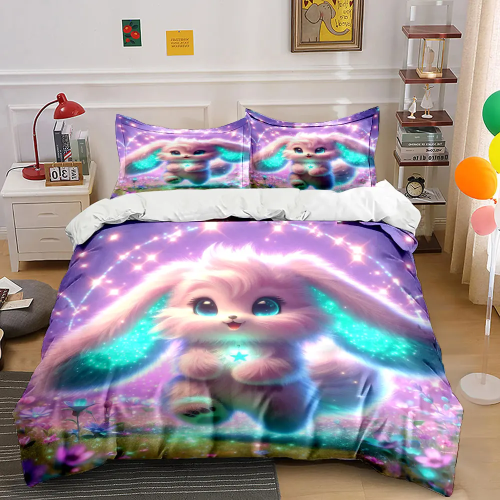 Dreamy glowing bunny in floral field Print Bedding Set 1 Duvet Cover 2 Pillowcases for Adult and Children Luxury Gift Full Size
