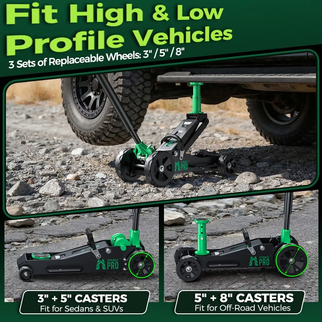 Off-Road Jack 3 Ton, Aluminum Floor Jack with 3 Replaceable Wheel Sizes