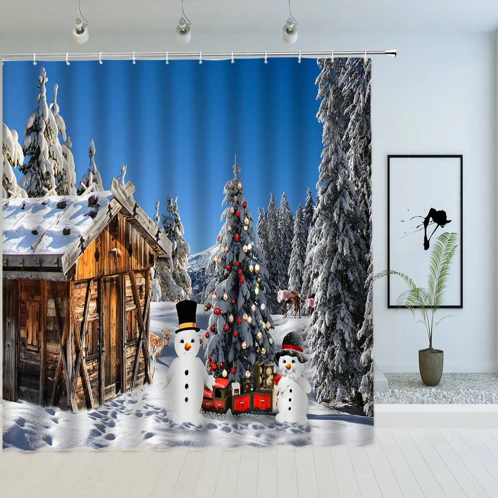 

Reindeer Santa Christmas Shower Curtains Xmas Claus Sleigh Cabin Winter Fabric Bathroom Decor with Hooks Waterproof Bath Screen