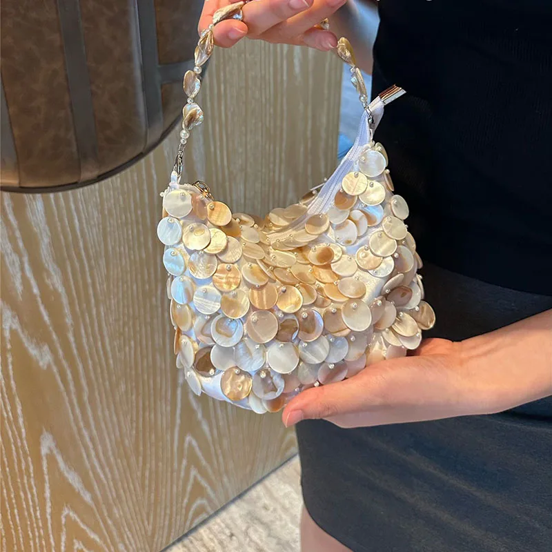 

Women Beach Travel Tote Bag Luxury Sequin Internal Chain Crossbody Shoulder Bag Shell Wooden Circular Handle Handbag