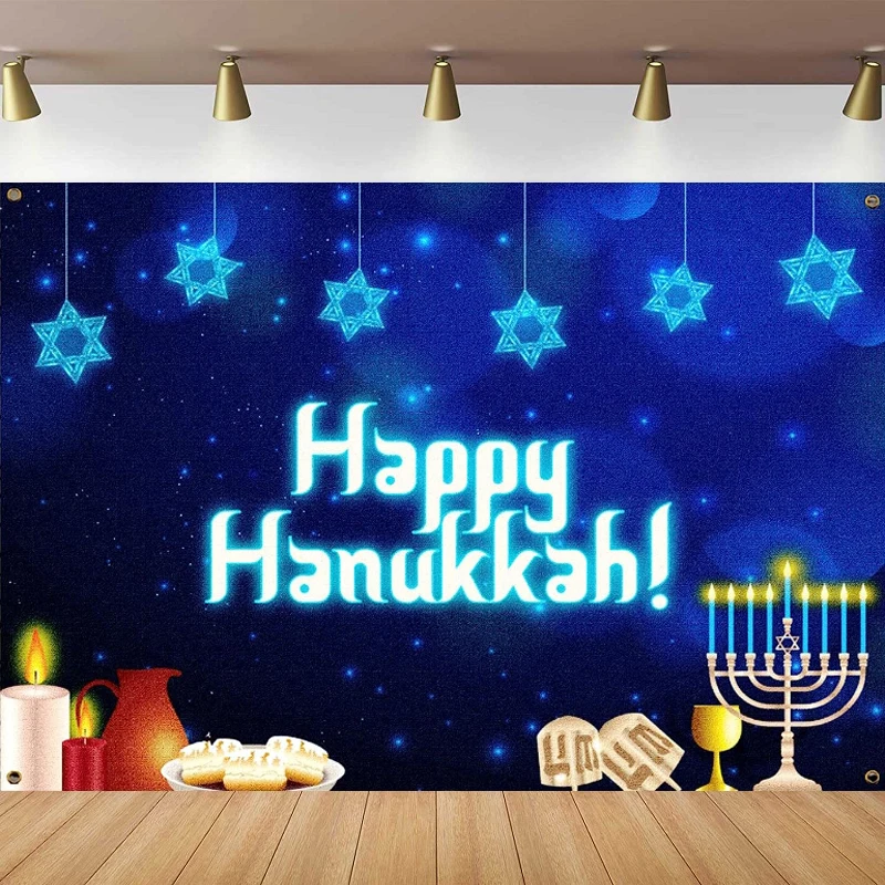 Happy Hanukkah Photography Backdrop Chanukah Holiday Party Decor Jewish Festival Home Decor Candlestick with Blue Background