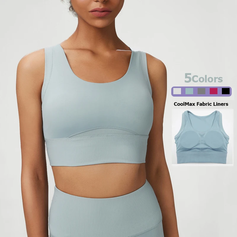 Fitness Yoga Bra Women Solid Color Round Neck Sleeveless Crop Top With Chest Pads Workout Running Vest Sports Underwear