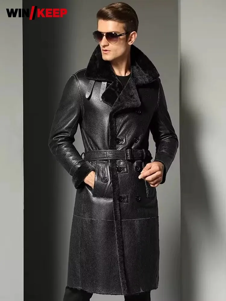 

Natural Shearling Overcoat Mens Double Breasted Long Windbreaker Trench Coat Sheepskin Genuine Leather Real Wool Lining Jacket