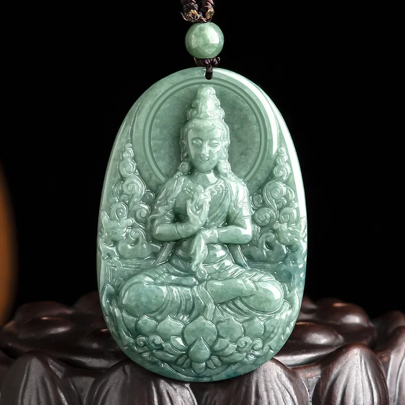 

Jiale/Hand Carved/Natural Jade Bean Green Lotus Guanyin Emerald Necklace Pendant High Jewelery Men Women Couple Gift Accessories