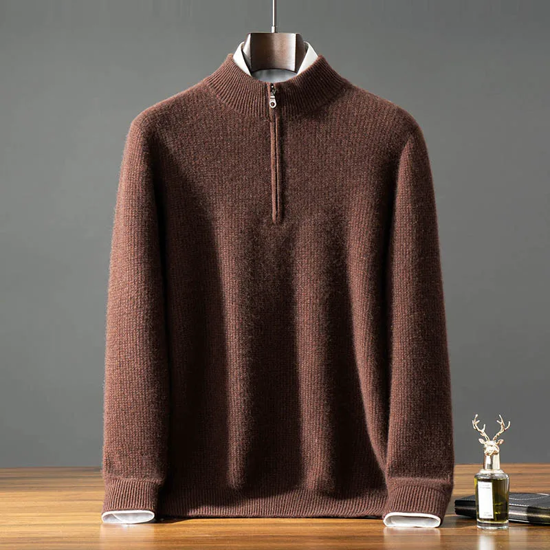 Men's 100% Pure Baby Cashmere Half Zipper Pullover Sweater Thick Warm Knitted Seven Needle Winter Business Casual Men's Clothing