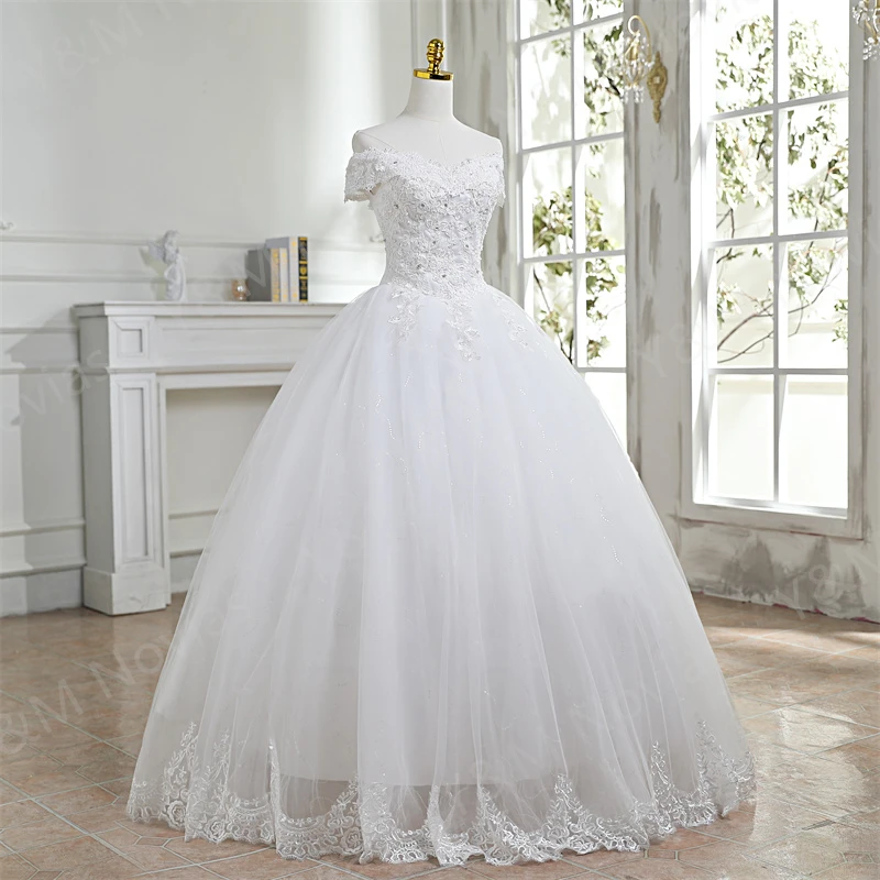 Y&m Novias New Fashion Lace Applique Off Shoulder Ivory Wedding Dress Plus Size Sleeveless Bridal Wedding Gown Princess