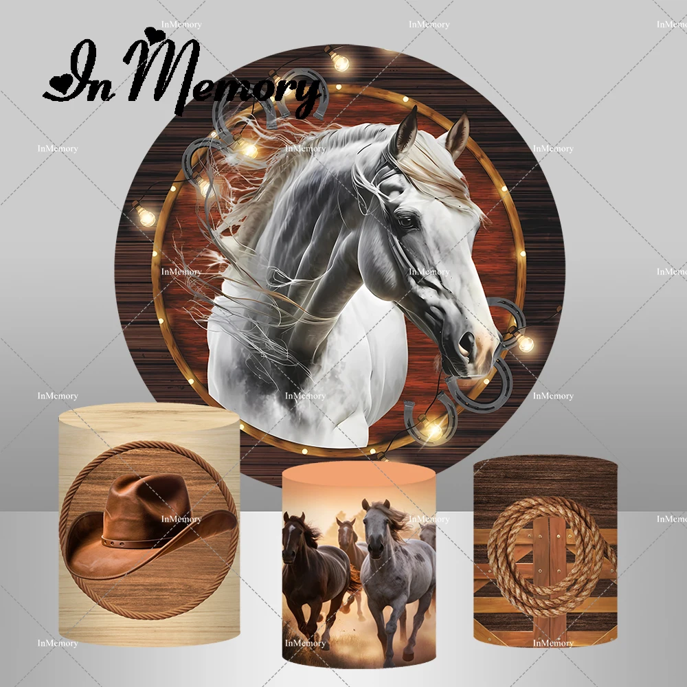 Retro Brown Wood Cowboy Theme Birthday Party Round Backdrop Cover Horse Stable Photo Studio Pedestal Covers