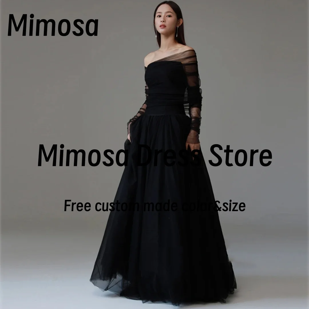 

Mimosa Black Tulle Prom Dresses Off Shoulder Long Sleeves Women's Evening Party Dress Lace Up Back Robes De Soirée Customized