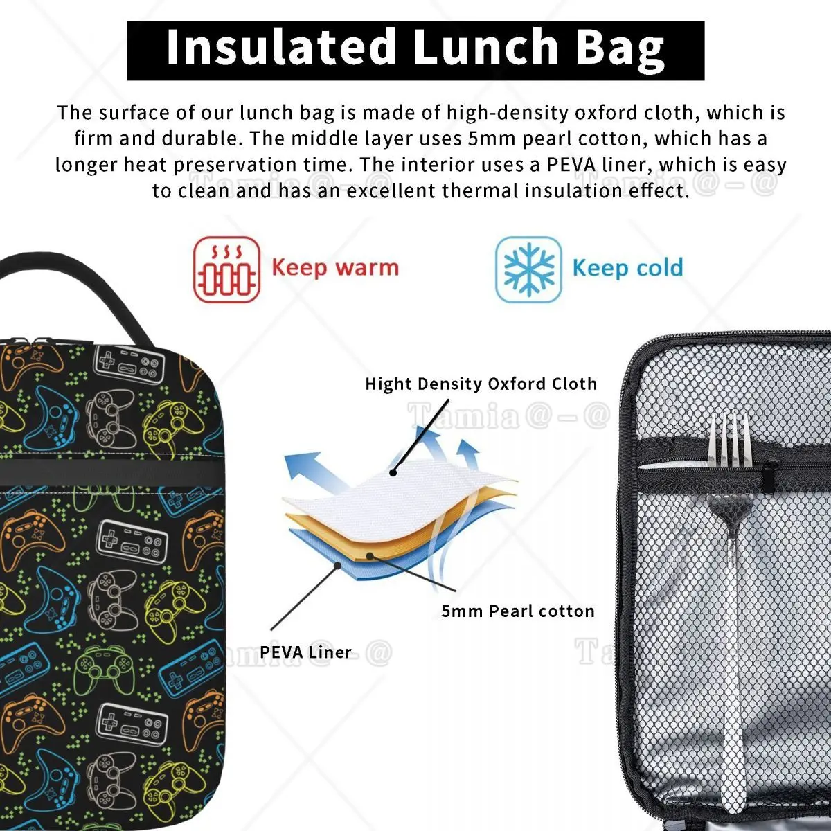 Video Game Controller Pattern Insulated Lunch Bag for Women Kids Leakproof Food Boxes Thermal Lunch Box Tote