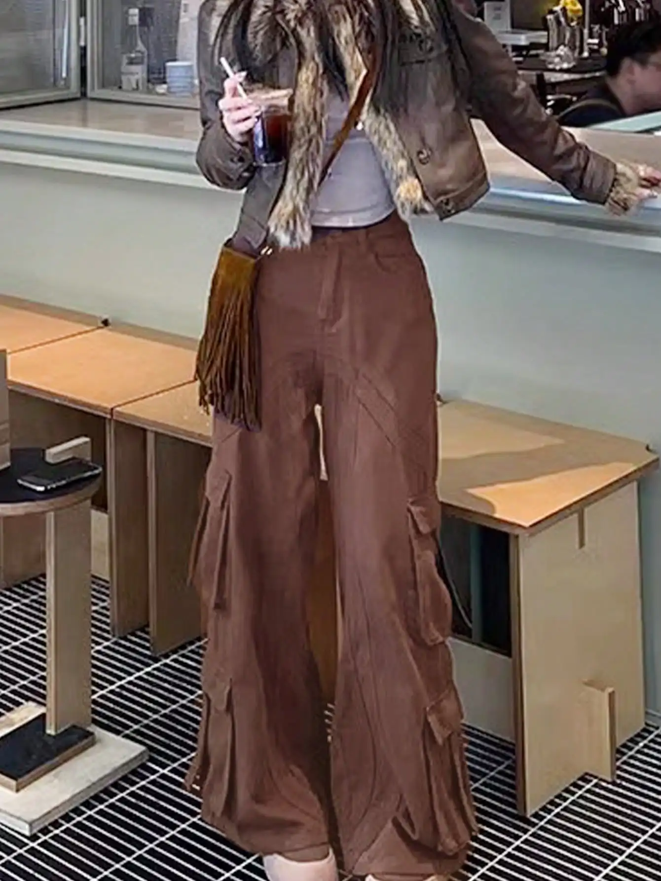 

American Retro High Street Multi-Flap Pocket Pants Work Jeans New Style Women's Autumn and Winter Small Narrow Straight Pants Iqo Kmeda Haco