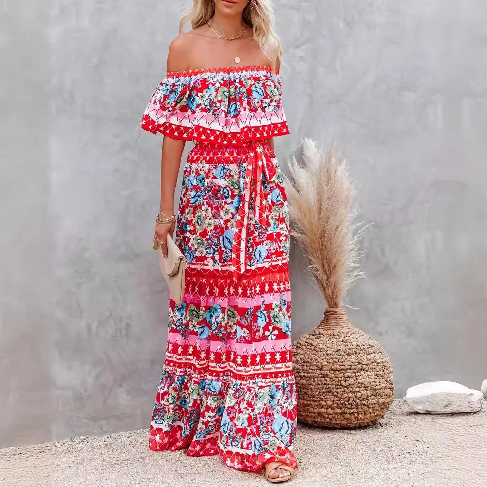 Flower Print Off Shoulder Long Dresses For Women Spring Summer New Fashion Temperament High Waist Leace-up Dress Female Vestidos