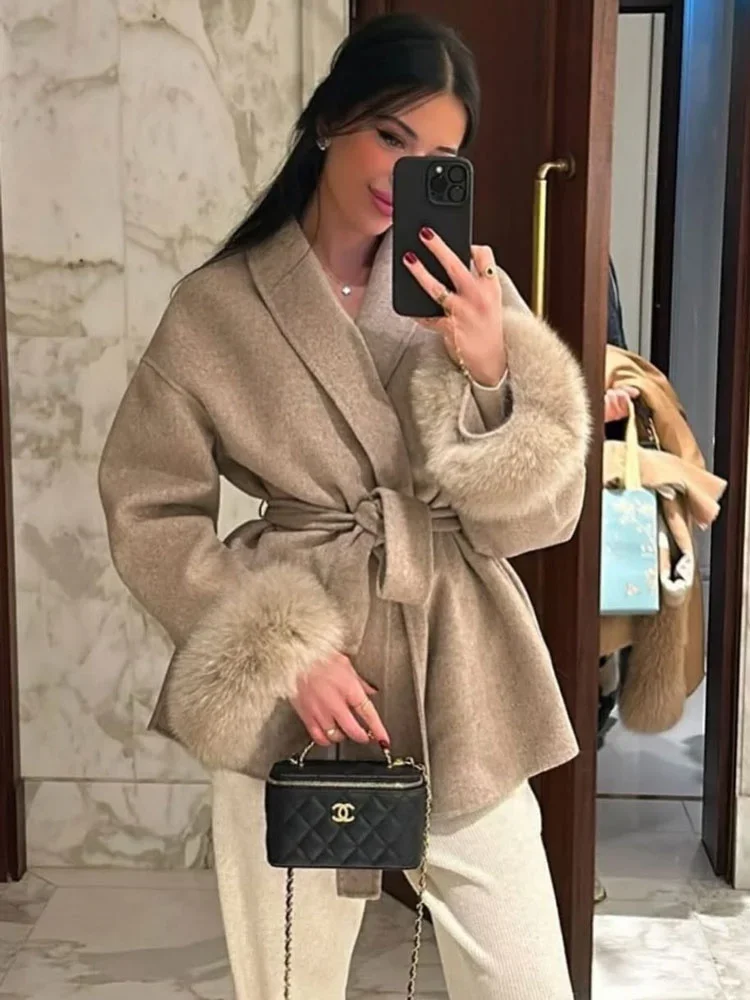2025 Fluffy Faux Women's Outwear New Winter Overcoat Coats Female Fur Feather Warm Lace-Up Fashion Loose Patchwork Jackets