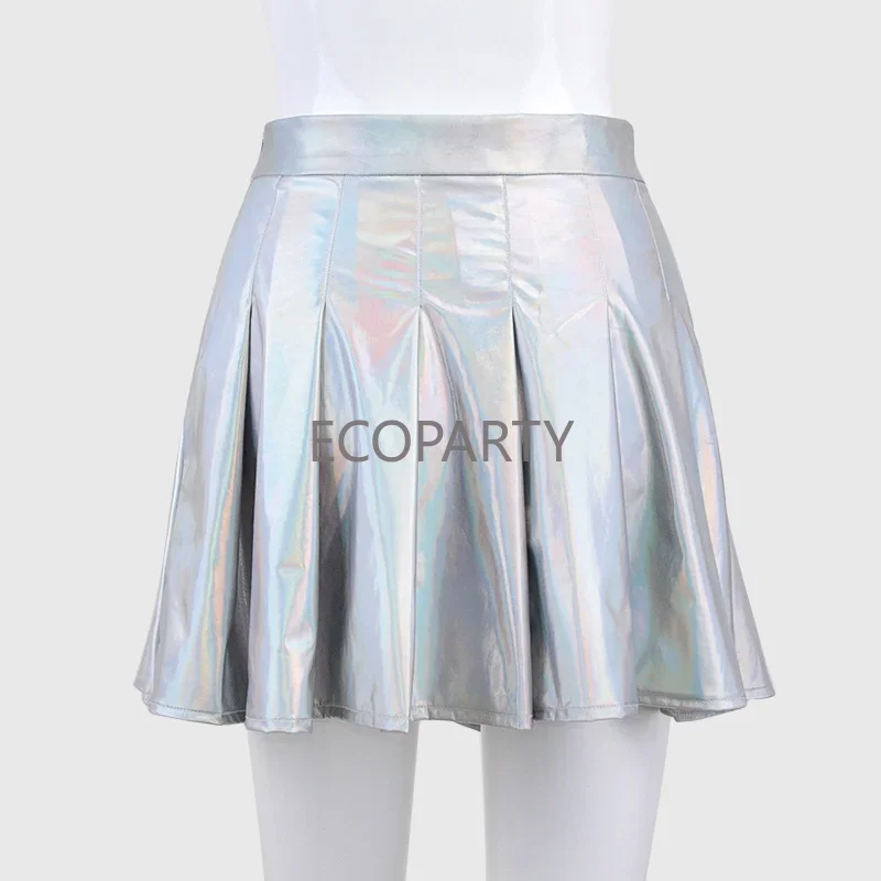 2023 Summer Harajuku Casual Sexy Women Hight Waist Streetwear Rainbow PU Silver Holographic Mini JK Skirts Laser Pleated Skirt