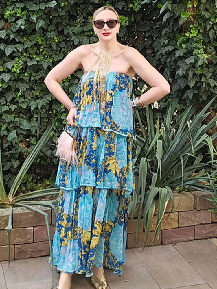 

Women Green Casual Sleeveless Backless Vestido Printing Layered Ruffles Strapless Long Dress 2025 Summer Lady Holiday Robes