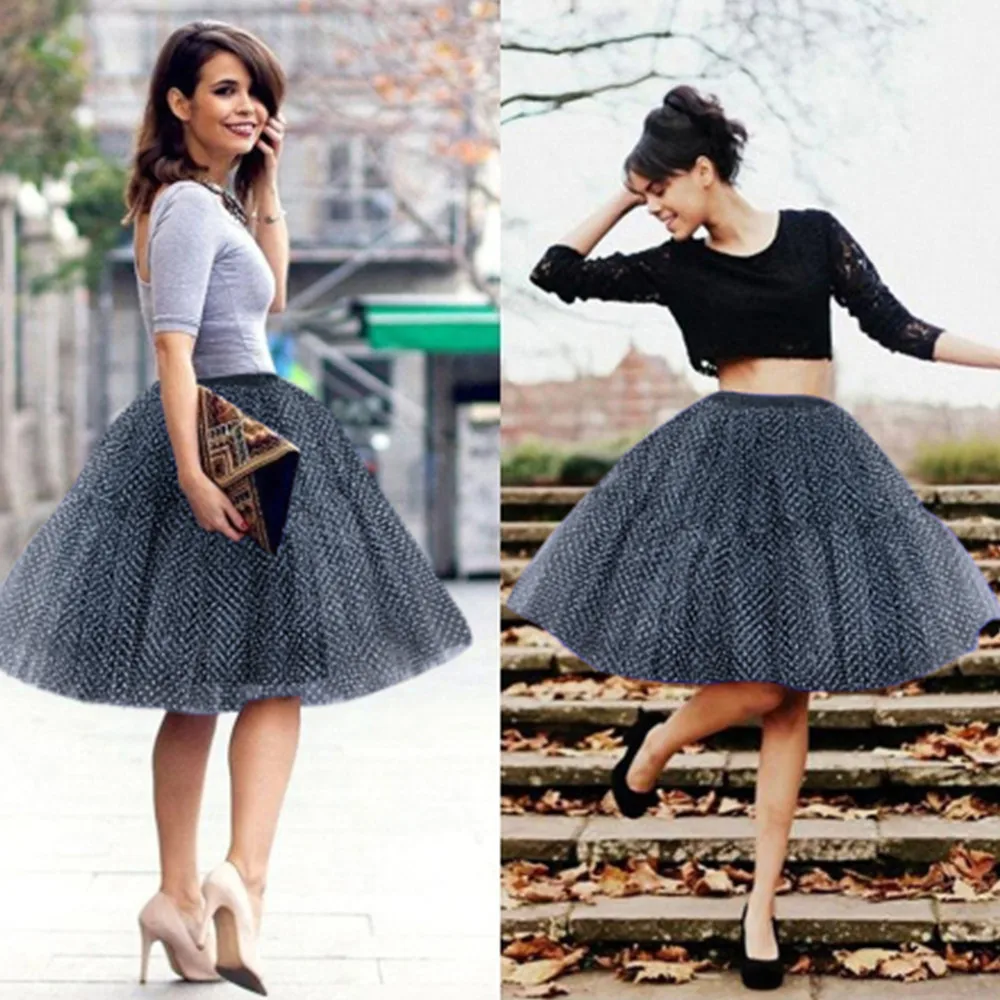 Shiny Adult Women Puffy Petticoat Sequins Solid Polka Dots Lady Princess Tutu Tulle Midi Knee Length Skirt Underskirt Ball Gown