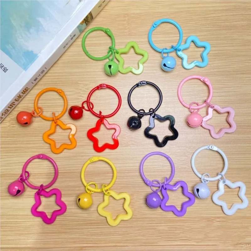 

Colorful Pentagram Acrylic Keychain with Bell Star Keyring Women Cute Bag Pendant Headphone Charms Couple Good Friends Jewelry