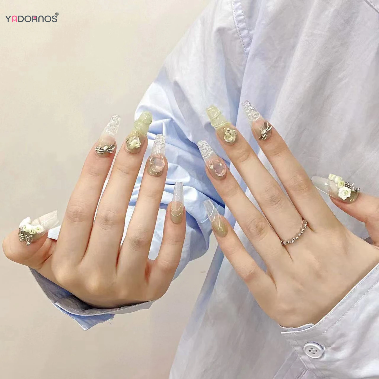 Luz verde unhas postiças artesanais, bailarina longa, borboleta, bowknot, flor, design de strass, manicure wearable, 10pcs