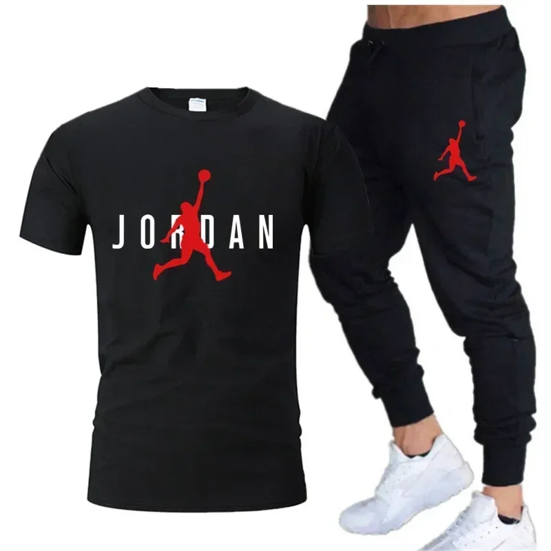 

Summer 2025 New Men's short-sleeved cotton T-shirt + thin long Pants 2-piece outdoor casual and fashionable men's jogging set