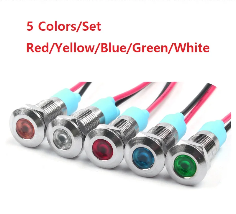 

5Pcs Metal Waterproof 6/8/10/12mm 12-24VDC LED Signal Indicator Light with Wire Car Boat Dash Dashboard Panel Warning Pilot Lamp