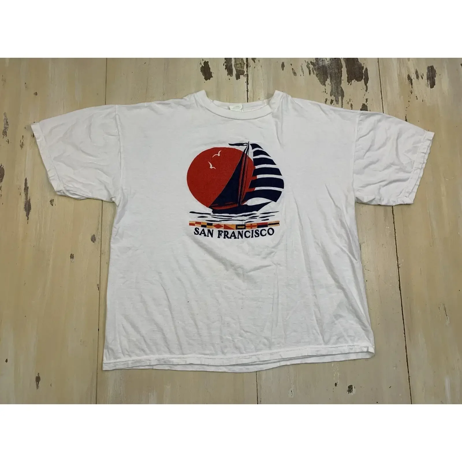 SAN FRANCISCO T shirt bianca barca a vela tramonto vintage anni 70 80 uomo adulto XL vintage Washed graphic Stylish Stretched