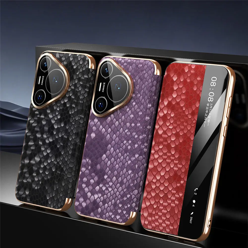 

Genuine Cowhide Leather Python Flip Case for Huawei Pura 70 80 Pro+ 80 Window View Full Cover