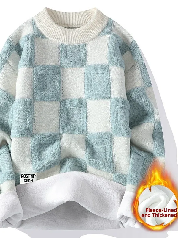 

Мужской свободный вязаный свитер в клетку на подкладке, зимний теплый модный брендовый повседневный ленивый свитер на осень-зиму, сезонная одежда