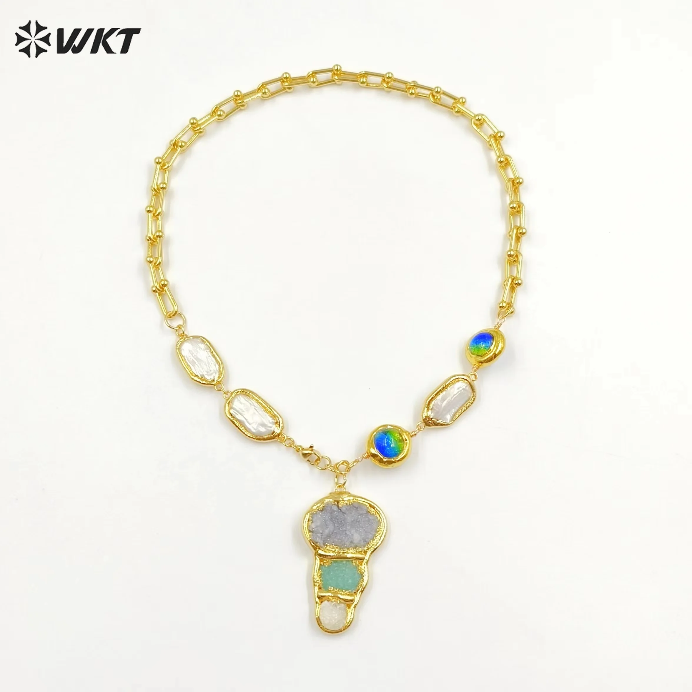 WT-JN257  2023 WKT Cute Style Druzy Quartz & Pearl Pendant Necklace Jewelry Women Key Shape Supplies Party HOT