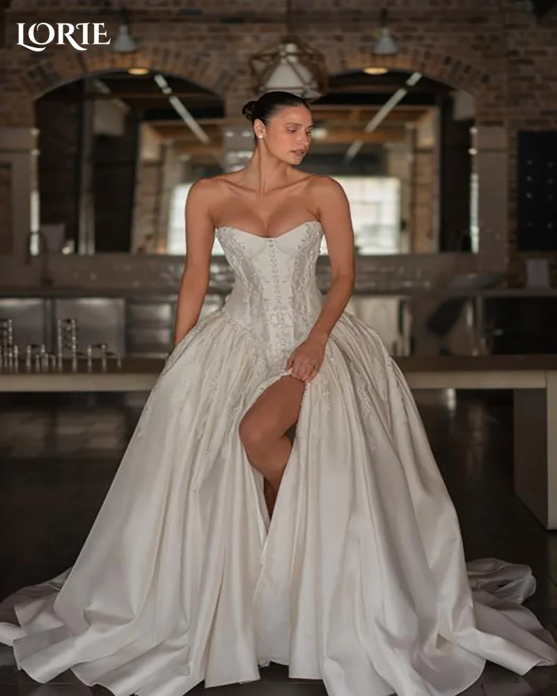 LORIE Vintage 3D Flower Wedding Dresses Applique Puff Strapless A-Line Backles High Slit Bridal Gown Customized Party Dresses