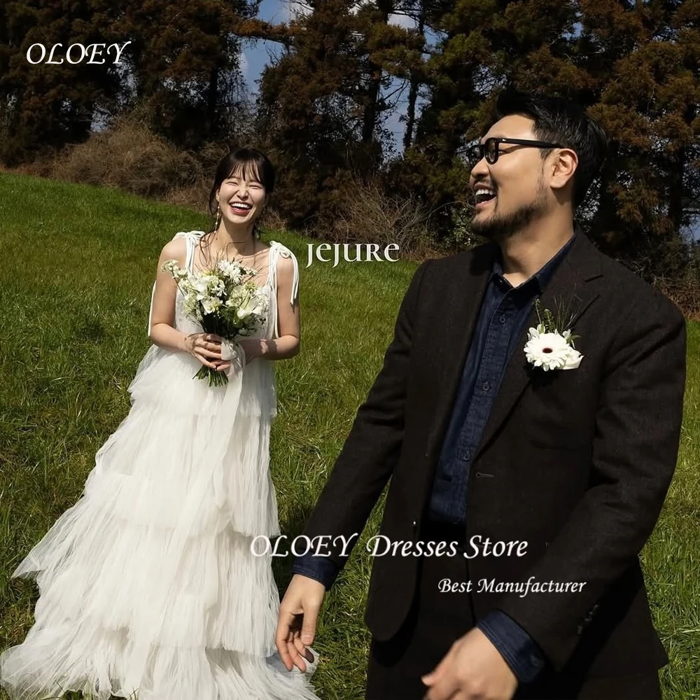 

OLOEY Simple A Line Korea Wedding Dress Spaghetti Straps Floor Length Tiered Ruffles Bridal Gown Back Zip Birthday Party Dress