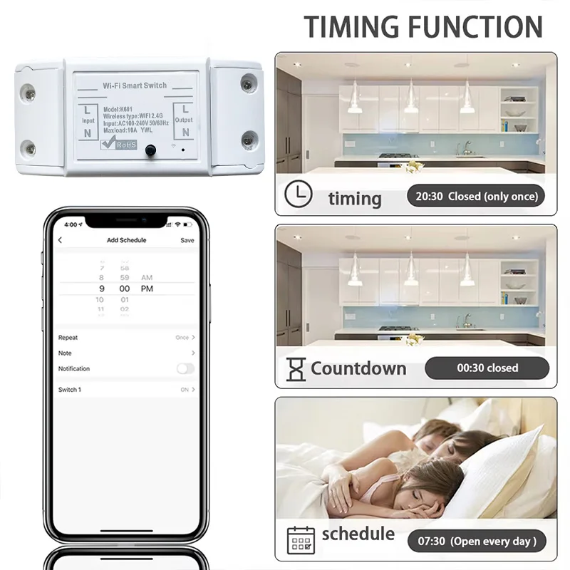 Interruptor inteligente WiFi 10A, Control inalámbrico de 433MHz, interruptor RF, Panel de botón redondo, Control por voz, compatible con vida inteligente, Alexa,Google