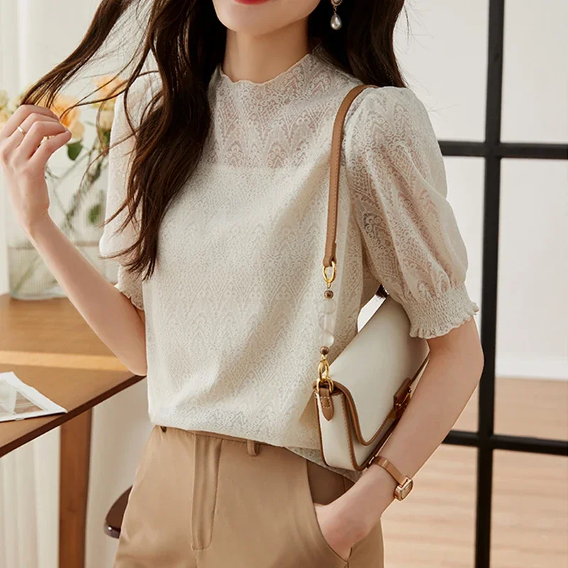 

Summer Knitted Blouse Crochet Hollow Out Shirt Casual Lace Shirt Sweet Elegant Women Shirts Short Puff Sleeve Loose Tops 27053